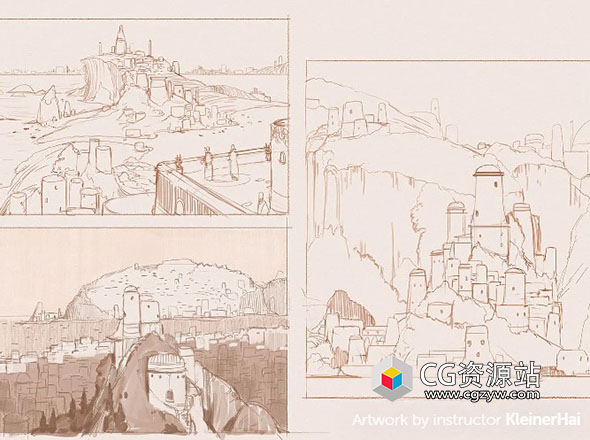 Photoshop概念场景素描绘画PS教程+中文字幕 Sketching Everything