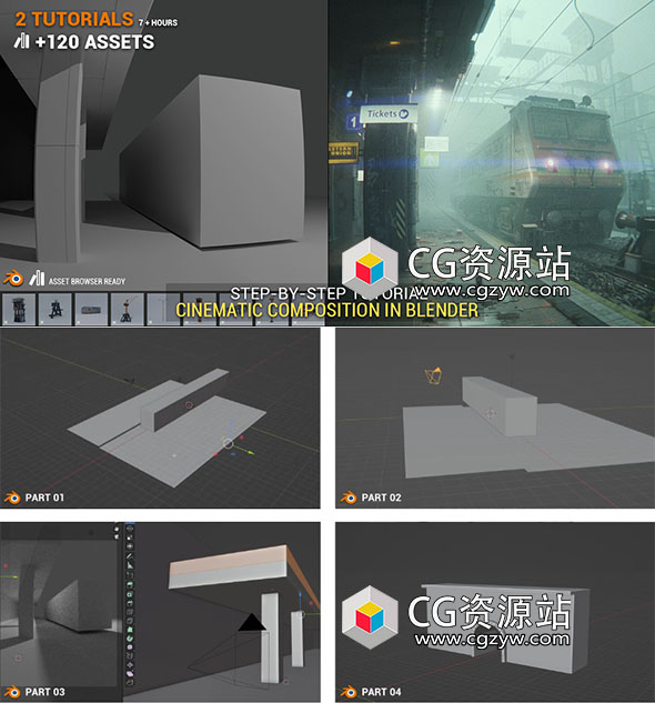 Blender火车站三维场景建模贴图合成渲染工作流程教程+中英文字幕-图片1