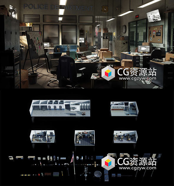 Blender警察局室内审讯室牢房侦探室场景3D模型 Police Dept-图片1