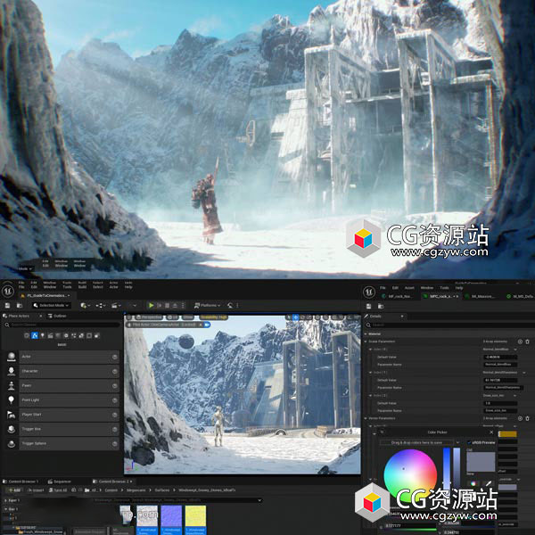 Unreal电影镜头三维雪地场景搭建灯光渲染特效UE5教程+中英文字幕