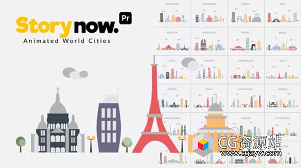 AE+PR模板-38组扁平化卡通建筑图形世界城市MG动画 Story Now | Animated World Cities