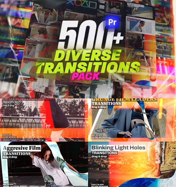 PR模板-500+故障复古胶片漏光拼贴纸张多种无缝转场效果预设-图片1