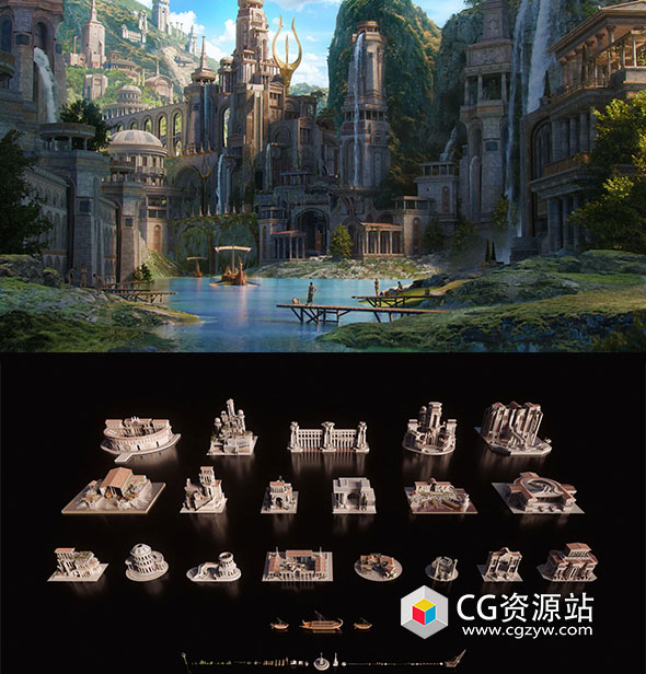 Blender亚特兰蒂斯古老寺庙剧院港口宫殿花园建筑3D模型 Atlantis-图片1