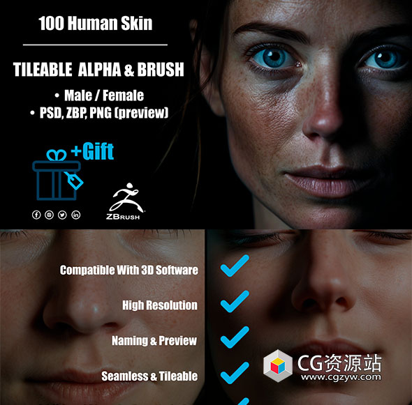 100组Zbrush逼真人物角色皮肤细节雕刻笔刷与Alpha纹理 Human Skin Kit-图片1