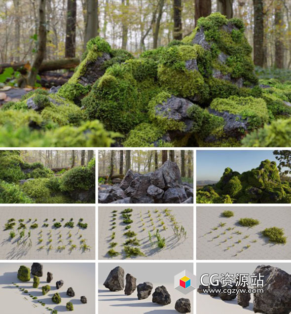 7种苔藓石头PBR纹理低多边形3D模型Blender/FBX/OBJ格式