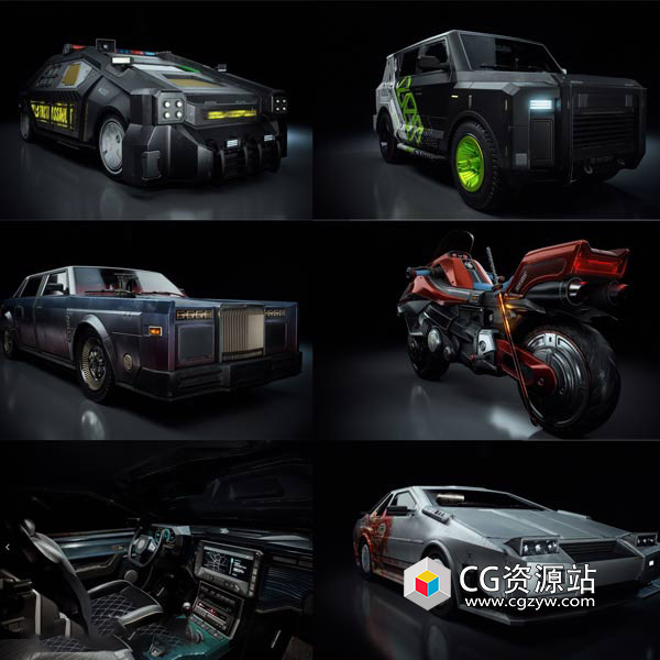 Blender赛博朋克科幻摩托车汽车3D模型 Cyberpunk Vehicles