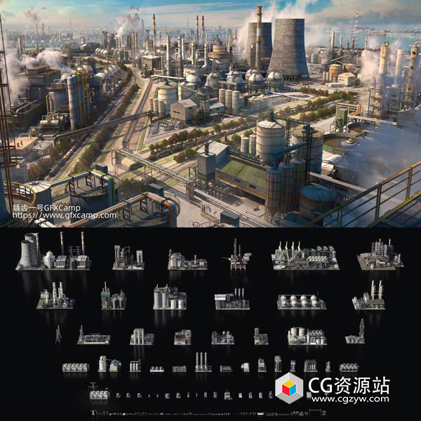 Blender/3DS MAX重工业反应堆烟囱管道冷却塔重工业建筑楼房3D模型 Refineries-图片1