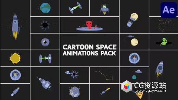 AE+PR模板-25个卡通风格空间飞行火箭外星人行星动画包 Cartoon Space Animations Pack