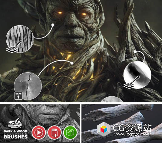 115种雕刻笔刷树皮木材ZBrush预设+教程 ZbrushGuides – Bark & Wood brushes pack-图片1