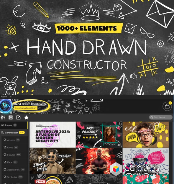 AE脚本-1120个创意手绘涂鸦艺术箭头线条标记数字表情符号标题背景视觉元素包