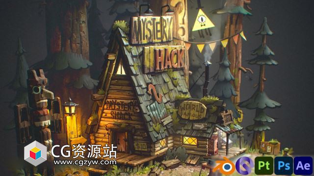 Blender+SP卡通小屋场景建模贴图渲染合成教程+中英文字幕