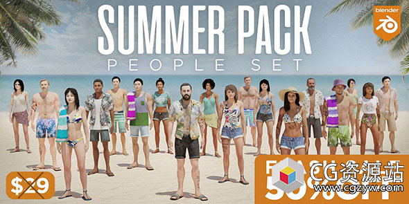 Blender预设夏日海滩人物角色3D模型资产 Summer Pack – People Set