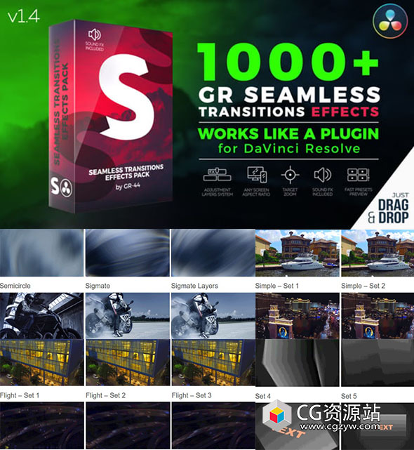 达芬奇模板-1000+平移失真视频无缝转场预设+音效 GR Seamless Transitions Effects V1.4