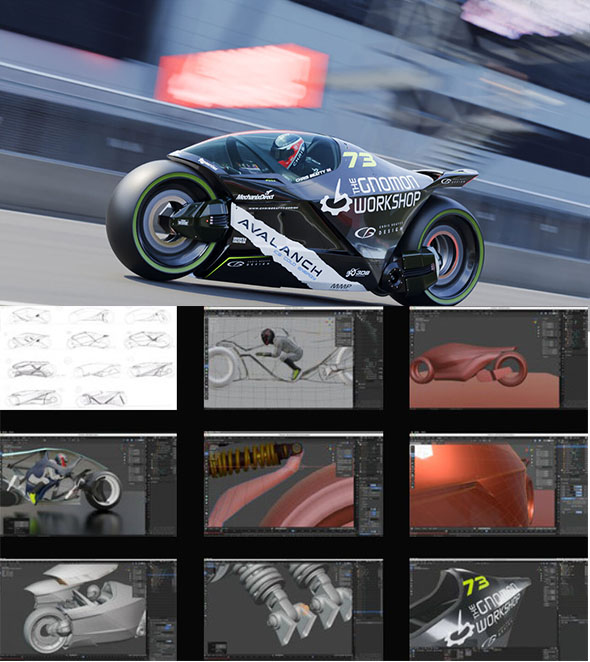 Blender科幻赛车摩托车概念设计建模渲染教程+中英文字幕