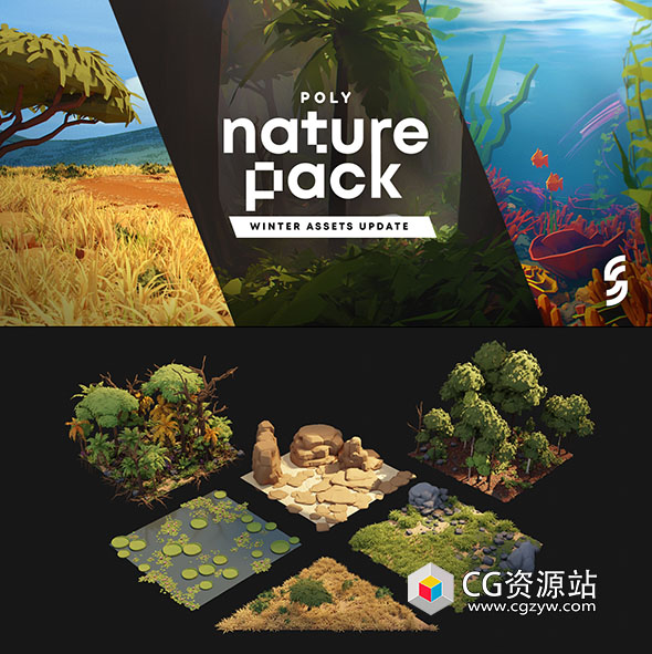 Blender 824个艺术卡通动漫风格化自然植被植物资产预设 Poly Nature Pack V1.1.0-图片1
