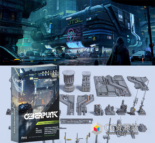 未来科幻赛博朋克建筑汽车街道场景3D模型 BMS – Cyberpunk (Blender/FBX/C4D/UE格式)-图片1