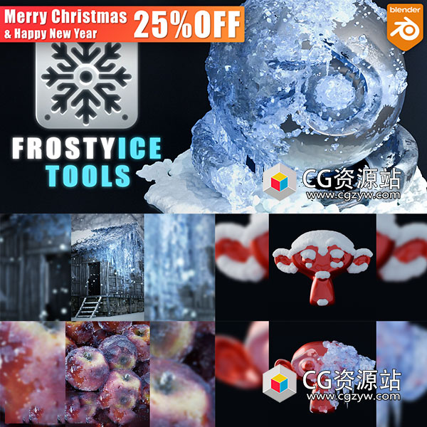 Blender积雪覆盖冰霜结冰动画冰冻特效插件资产预设 Frostyice Tools v1.1-图片1