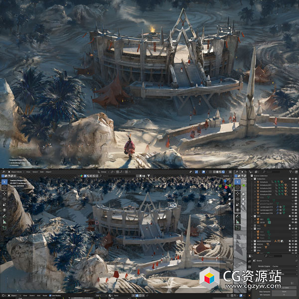 Blender+PS三维概念原画场景搭建制作教程+中英文字幕