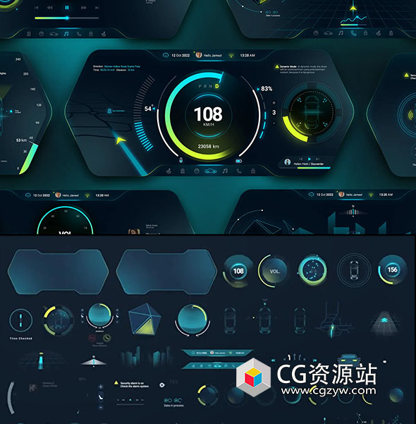 AE+PR模板-73个科技智能汽车仪表盘屏幕HUD UI元素 Car Cluster HUD UI Templates-图片1