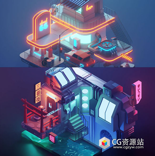 Blender三维建模灯光渲染卡通低多边形插画风格场景教程+中英文字幕-图片1