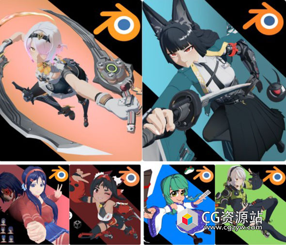 6组卡通女性角色3D模型Blender资产-图片1