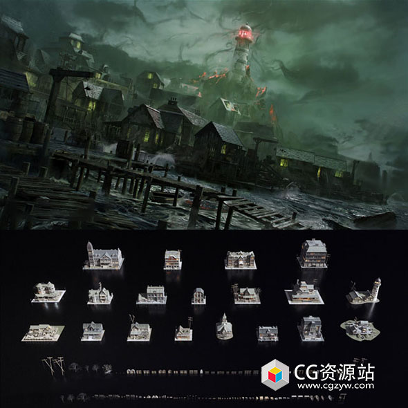 Blender模型-恐怖惊悚阴森英格兰小镇楼房木屋3D模型资产 Lovecraft-图片1