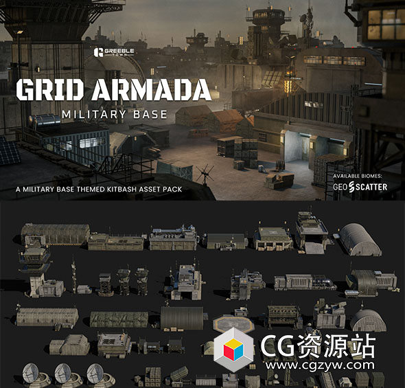 Blender军事基地战争物资3D模型资产预设 GT Grid Armada Military Base-图片1