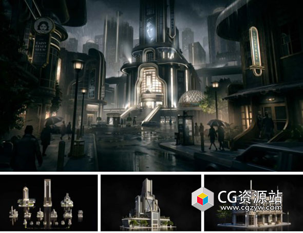 黑色复古未来主义高楼建筑资产3D模型Noir Futurism C4D/FBX/OBJ/Blender/3DS MAX/Maya/Houdini/Unity/UE格式-图片1