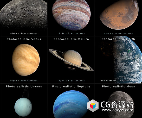 逼真太阳系星球地球太阳月球火星水星土星金星木星天王星海王星3D模型 Blender/3DS MAX/OBJ/FBX格式 Photorealistic Solar System-图片1