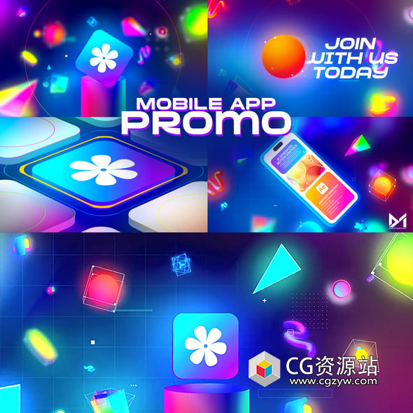 AE模板-时尚复古创意多彩图形手机APP展示动画片头 Mobile App Promo