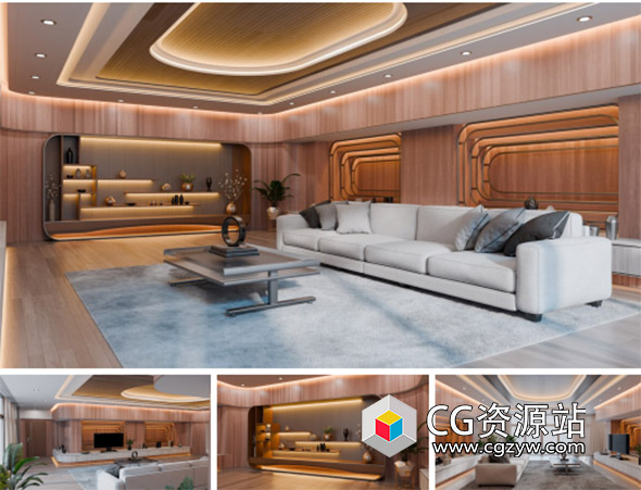 Blender现代弧形木质客厅场景资产3D模型 Modern Curved Wooden Living Room