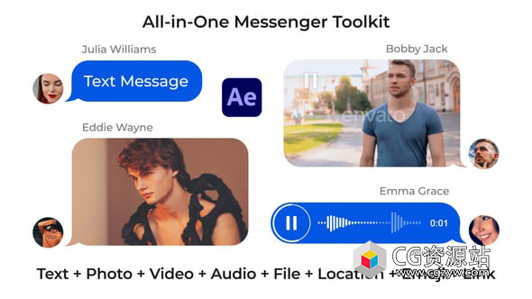 AE+PR模板-聊天消息气泡框语音对话表情图片发送动画 Message Pack