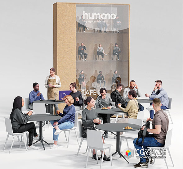 Blender模型-12组摆姿势咖啡馆场景3D人物模型 Humano 3D – 2212 Café 01
