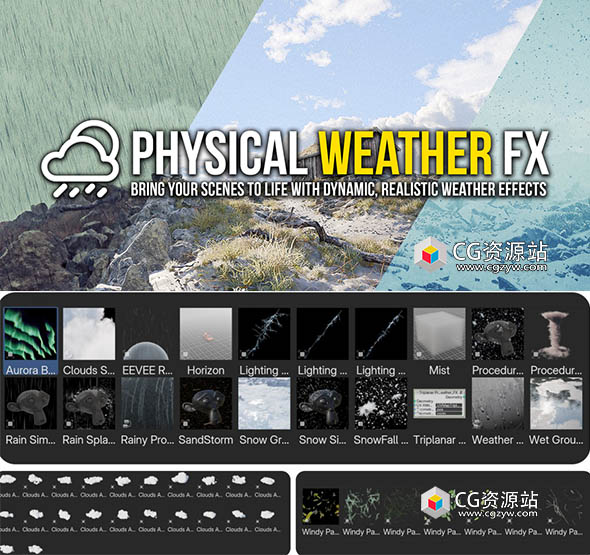 Blender物理天气生成雨雪雾风闪电天气特效插件 Physical Weather FX V1.0