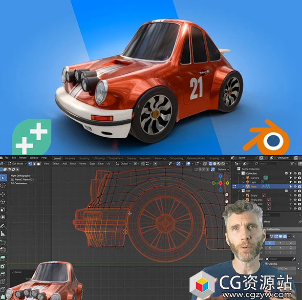 Blender小汽车硬表面建模工作流程教程+中文字幕 Blender 3D Hard Surface Modelling