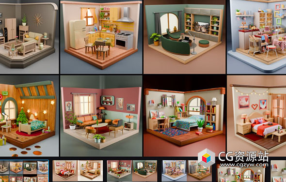 Blender模型-低多边形等距微型室内电商场景3D资产