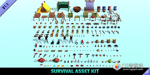 Blender 138件游戏卡通手绘低多边形生存3D模型资产 Survival Asset Kit