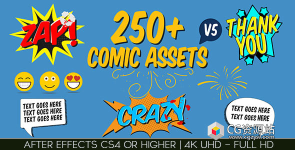 AE模板-250个漫画对话框图形包卡通标题气泡爆炸能量MG动画 Comic FX V5