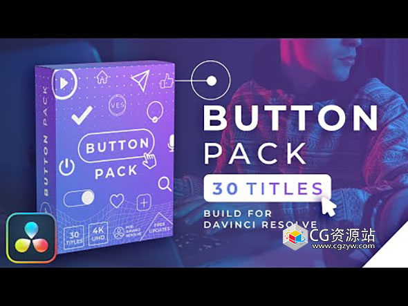 达芬奇插件-30组按钮标题包社交媒体播放暂停关注动画 Buttons Title Pack