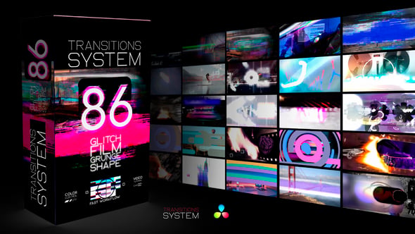 达芬奇插件- 86种高质量故障复古Grunge风格视频转场效果预设 Transitions System 86