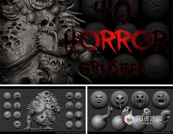 ZBrush+Blender 40款恐怖怪物手工雕刻VDM笔刷预设 40 Horror VDM Brush-图片1