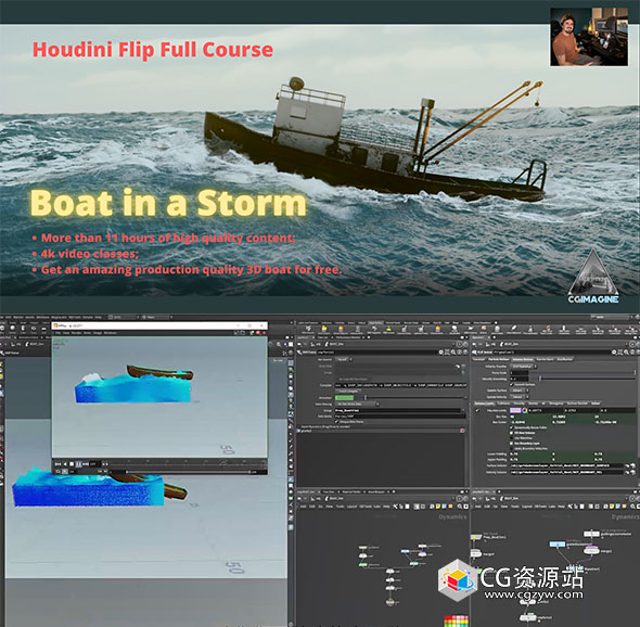 中英文字幕-Houdini 海洋水面船只浪花FLIP流体特效教程 Boat in a Storm
