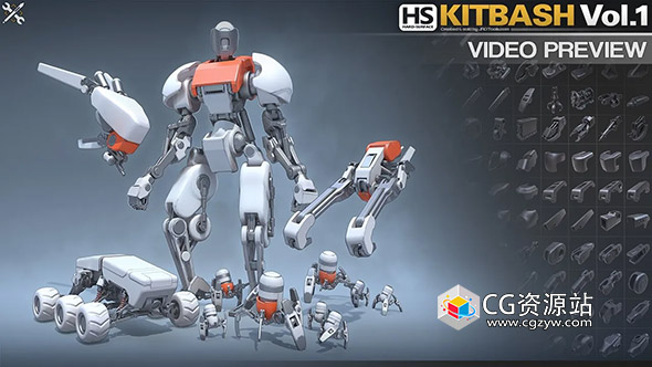 300个科幻硬表面建模机械零件3D模型OBJ、FBX、Maya和Blender格式 Hard-Surface Kitbash Vol.1